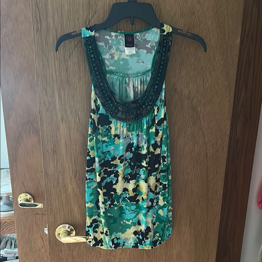 Wrapper Teal and Black Patterned Tank Top